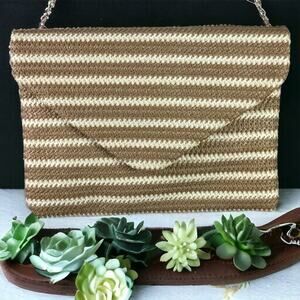 Urban Expressions Tan White Woven Crossbody Shoulder Bag Chain Strap